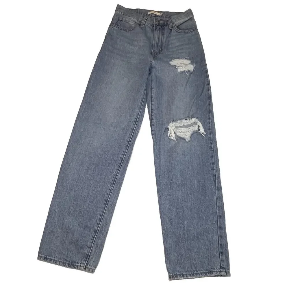 Levi’s 94 Baggy Jeans Womens Size 24 Blue Medium Wash Distressed Denim Wide Leg